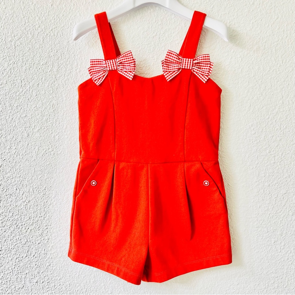 ♥️HP JANIE AND JACK Ponte Knit Romper 3 Red Jumpsuit Gingham Bow Toddler Girl